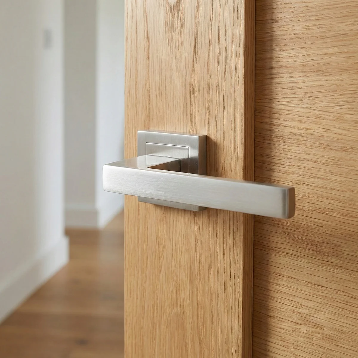 Manilla Fobos de zamak con roseta cuadrada en acabado níquel satinado para puertas - Image 2