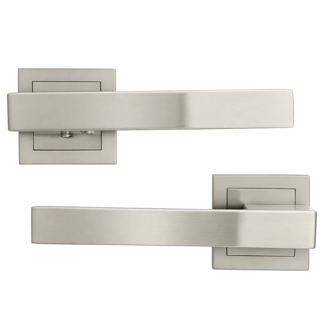 Manilla Fobos de zamak con roseta cuadrada en acabado níquel satinado para puertas - Image 4