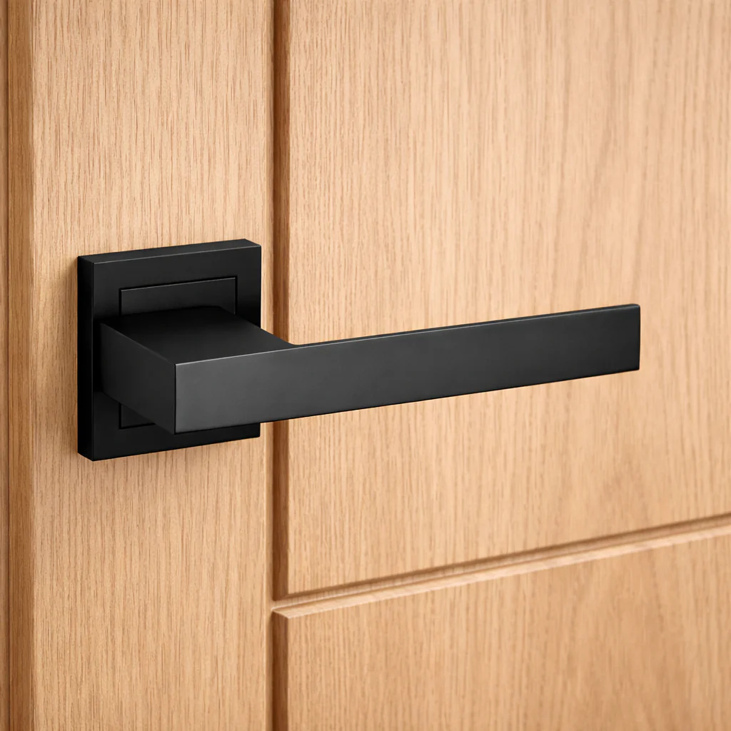 Manilla de zamak modelo 220 con roseta cuadrada en acabado negro para puertas - Image 4