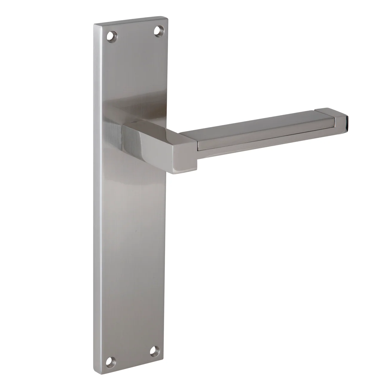Manilla modelo 610 con placa rectangular de zamak acabado níquel satinado para puertas