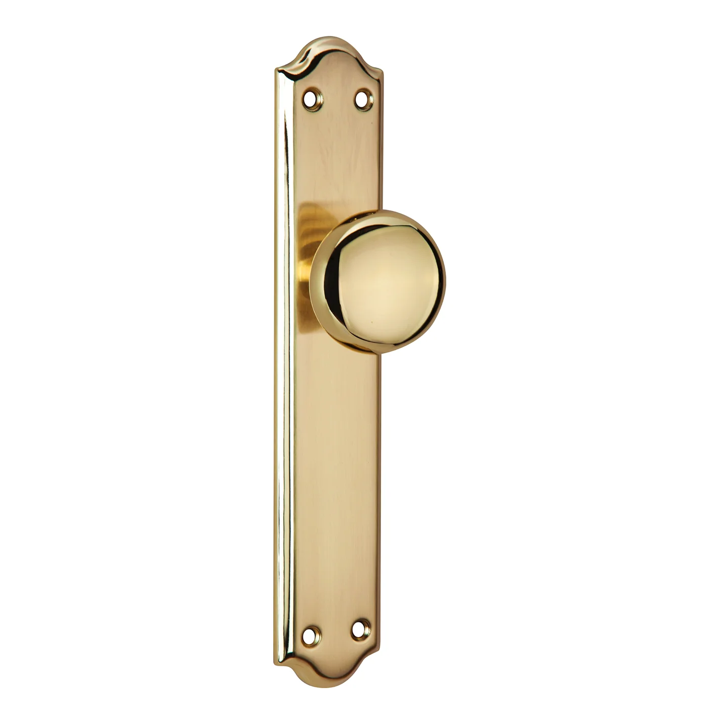 Manillón con pomo y placa curva en acabado dorado satinado modelo 1108 para puertas